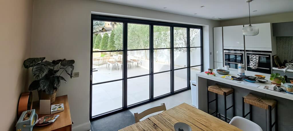 Visofold steel look folding sliding doors in a new kitchen extension