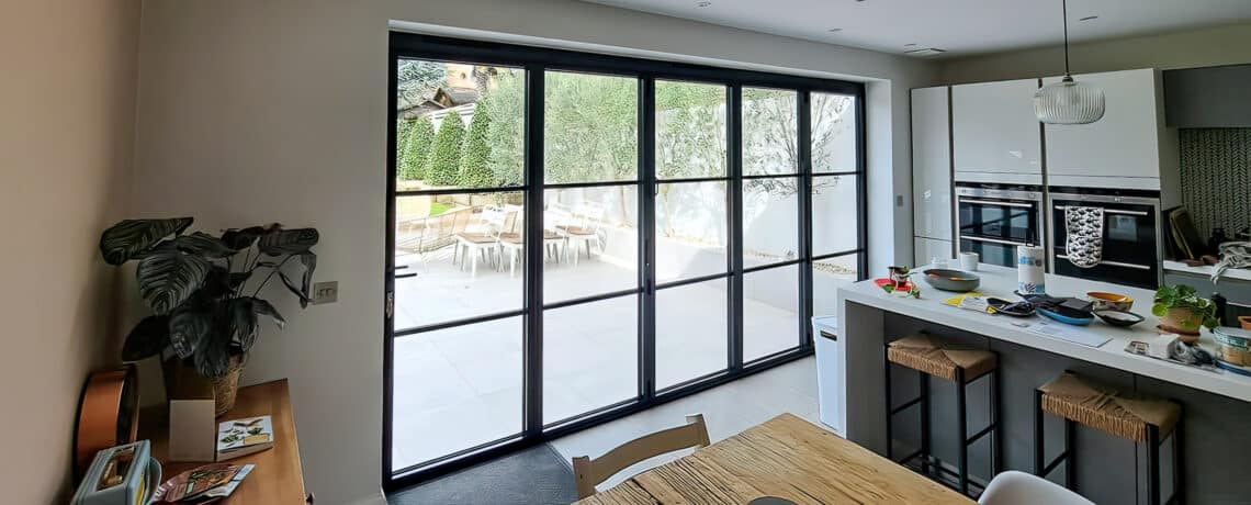 steel look patio doors in East Sussex in a bifold design to a kitchen renovation