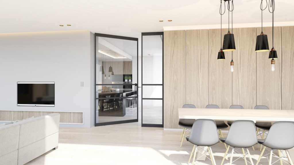 aluspace internal pivot doors in a dining room fully open