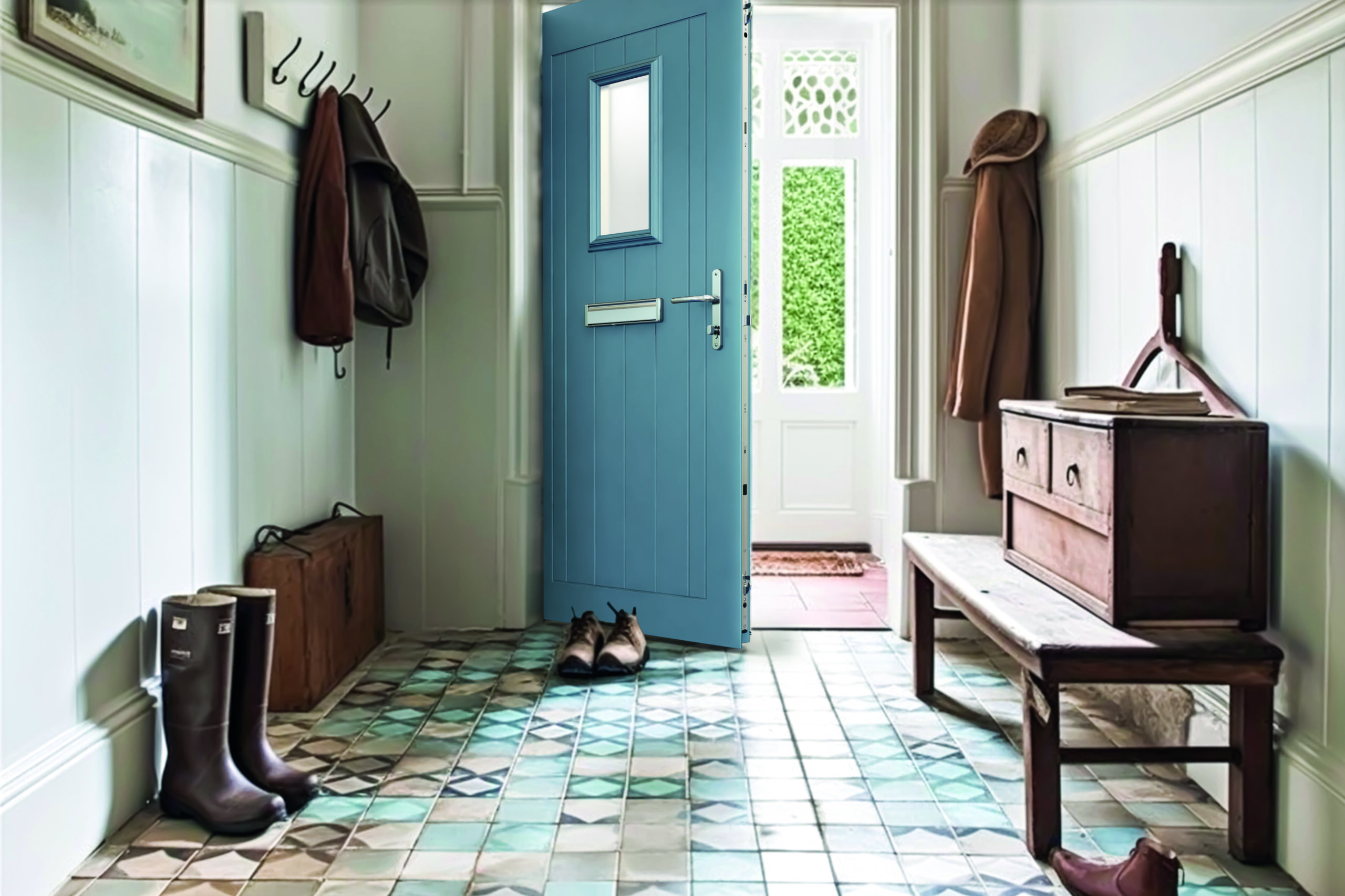 Smart Systems Signature Front Door in a rtiled hallway partially open duck egg blue colour